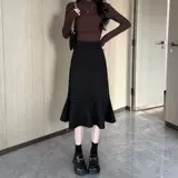 Черная цветная осенняя приталенная шерстяная юбка, с акцентом на бедрах, рыбий хвост, подходит для подростков, высокая талия, средней длины, А-силуэт