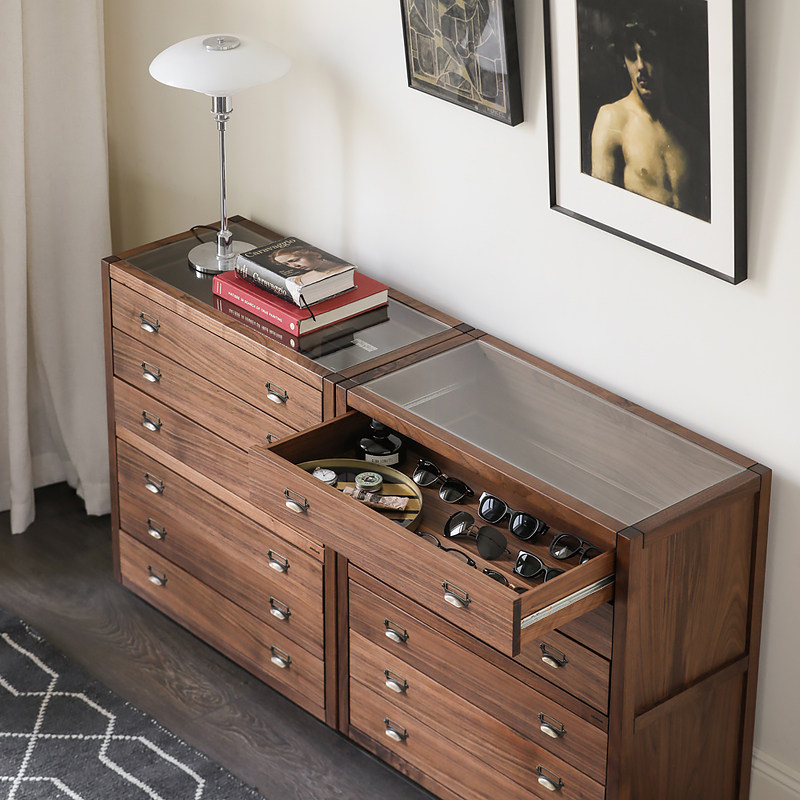 Solid Wood Multi-Drawer Cabinet for Living Room and Bedroom, Walnut Color Drawer Storage Cabinet, Glass Door Storage Cabinet