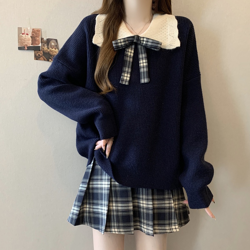 Plus-Size Women's Autumn and Winter Stylish Age-Reducing Doll Collar Sweater, Loose and Lazy Knit Top That Covers the Body, College Style Top