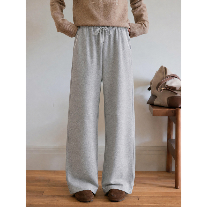 Plus-Size Gray Lace Patchwork Wide-Leg Sweatpants for Women, Autumn and Winter, High-Waisted, Drapey, Slimming, Loose Fit, Casual Pants