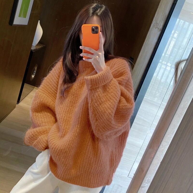 High-End Thick Orange Sweater for Women 2026 Autumn and Winter Plus Size Loose Lazy Mohair Knit Top