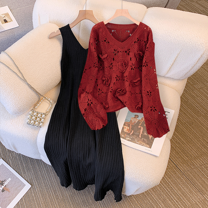 A Complete Set of Spring Outfits for Plus-Size Women, Including a High-End Red Knit Sweater and a Knitted Base Dress Set