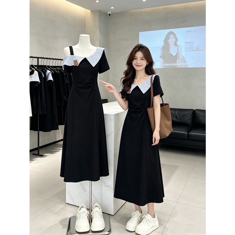 Plus Size Women's Summer New Style Slimming Waist Long Dress with a High-End Feel, Elegant Black Off-Shoulder Short-Sleeve Dress
