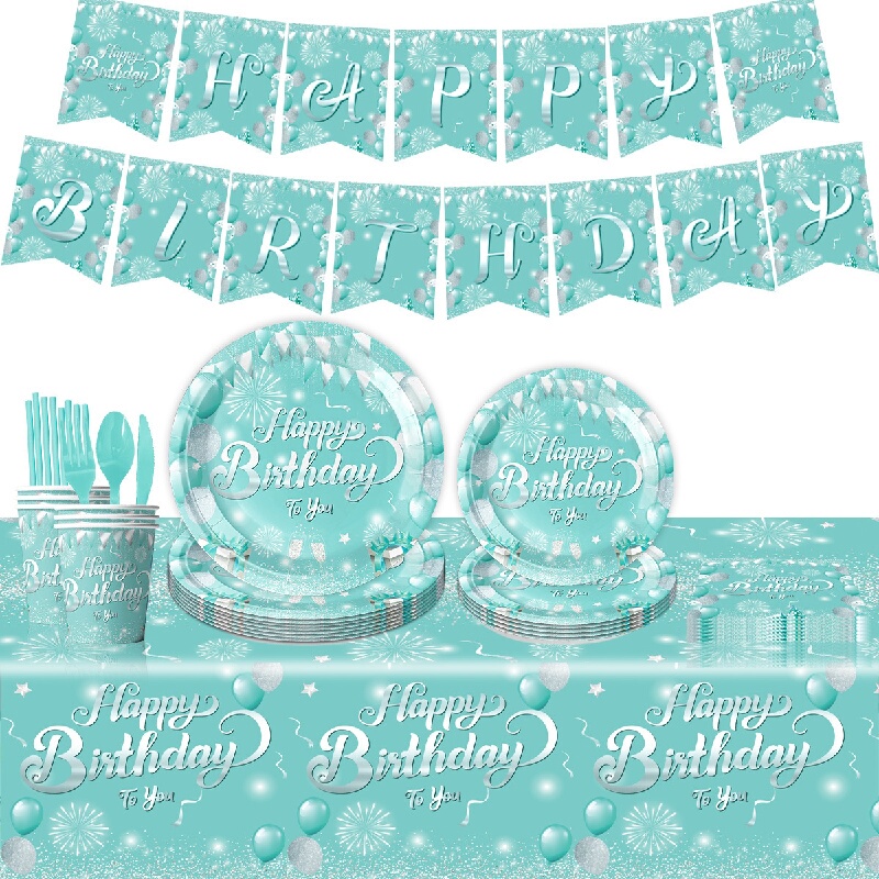 Tiffany Blue Themed Birthday Party Decoration Tablecloth Tableware Paper Plates Paper Cups Paper Towels Tablecloth Banner Balloons Poster
