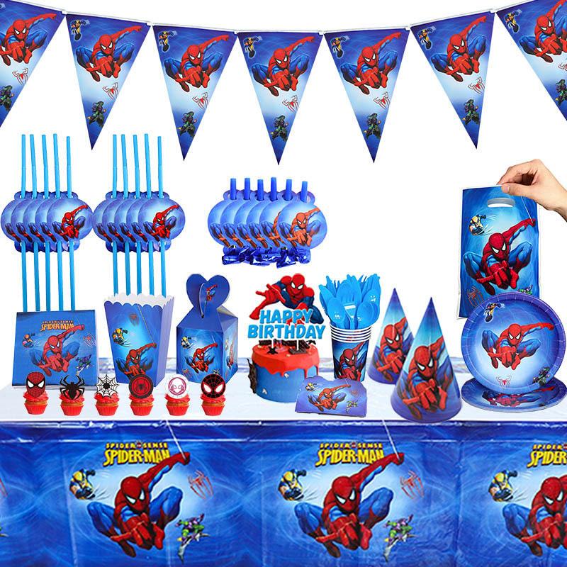 Spider-Man Themed Birthday Party Decorations Tableware Banner Paper Plates Paper Cups Hats Tablecloth Cutlery Banner Balloons Poster