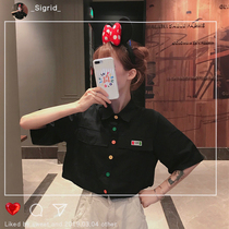 High-waisted short shirt womens short loose Korean version of short sleeve shirt black shirt female design feel navel little summer