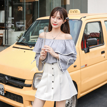 Clavicle top design sense retro Hepburn style thin summer shoulder top short sleeve polka dot chiffon shirt