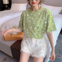 Small Daisy T-shirt women short sleeve 2020 new female mesh fairy coat summer fake two pieces base shirt