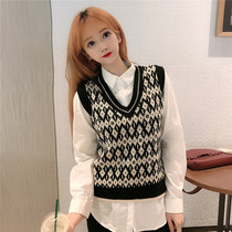 Hair line vest waistcoat Female Korean version Short paragraph 100 lap big v collar vintage sweater knit outside wearing waistcoat autumn-style Japanese