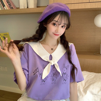 Purple short sleeve T-shirt female summer navy collar top female design sense 2020 new female college style Japanese ins tide
