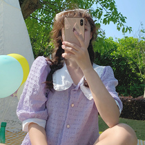 Purple shirt female summer short sleeve fragrant purple girl bubble sleeve French retro doll collar shirt design sense minority