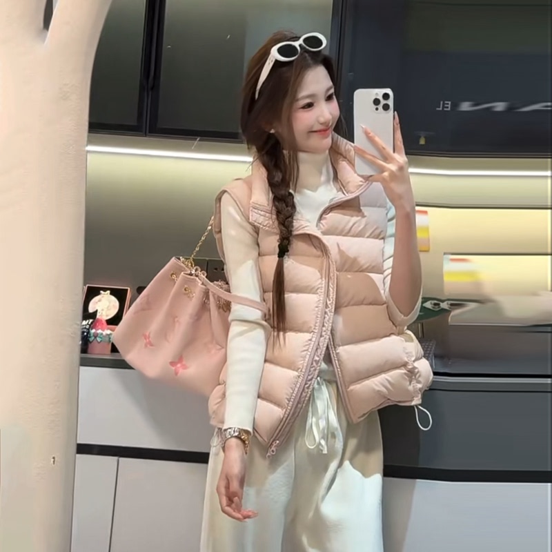 Pink Ribbed down Vest for Women, Winter 2026 New Korean Style Versatile Slim-Fit Petite Vest Waistcoat Pink Ribbed down Vest for Women, Winter 2026 New Korean Style Versatile Slim-Fit Petite Vest Waistcoat