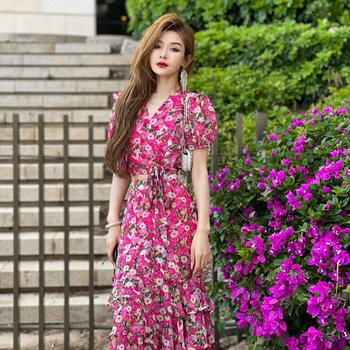 2022 summer new French high-end sense gentle wind waist temperament chiffon floral dress two-piece suit women