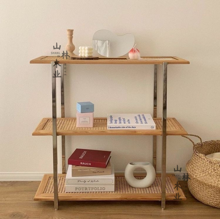 Nordic rattan solid wood rack Kitchen storage rack Flower rack Bookshelf B&B metal multi-layer floor rack