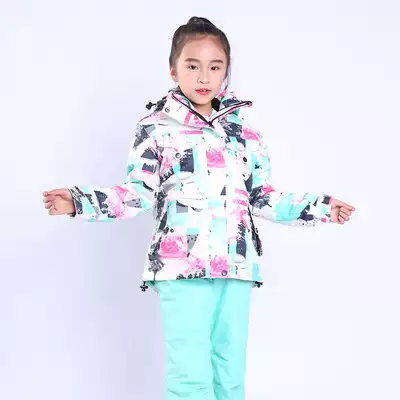 Children's ski suit set, big boys, boys and girls outdoor windproof, waterproof and warm ski clothes, thickened jacket