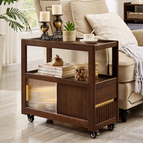 Mobile side table with wheels sofa side cabinet solid wood side table trolley storage small coffee table living room side table removable