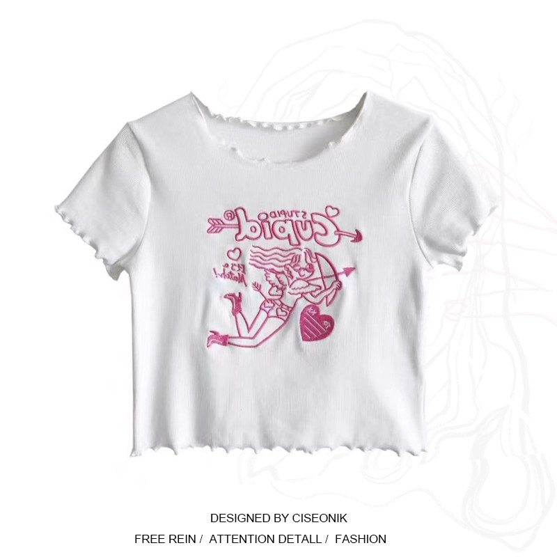 Large size Size Fat Sister Han Edition Teenage Girl Short Truffle Pink Embroidered T-shirt Curbside Loose Cute Short Sleeve Blouse