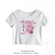 Large size fat sister Korean girl short open umbilical pink embroidered T-shirt curly loose cute short sleeve top female