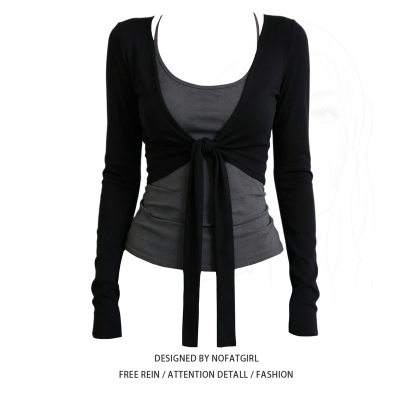 Plus-Size Spicy Girl Style Lace-Up Long-Sleeve Cardigan and Halter Neck Camisole Two-Piece Set for Early Autumn Layering Plus-Size Spicy Girl Style Lace-Up Long-Sleeve Cardigan and Halter Neck Camisole Two-Piece Set for Early Autumn Layering