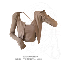 Large size pure desire hot girl suit female early spring fat sister slim sexy short cardigan suspenders two-piece womens top