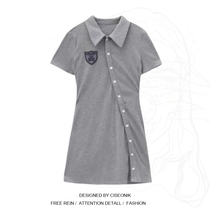 Big Code Fat Younger Sister College Wind Cubs Polo Collar Short Sleeve Irregular Design Sense Diagonal Button Wrapping Hip Skirt Child Short Skirt