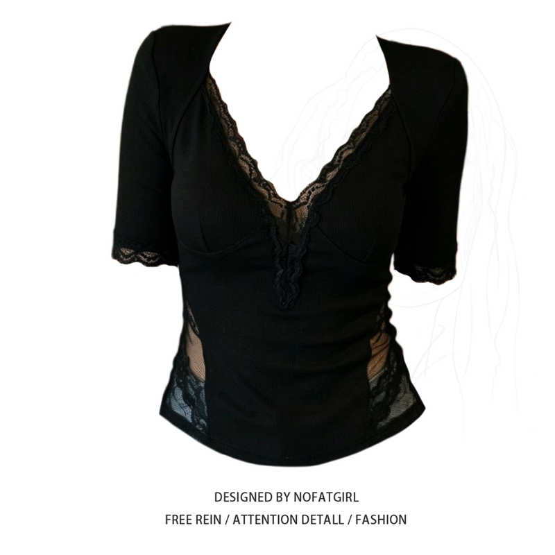 Plus-Size Sexy Lace Patchwork V-Neck Short-Sleeve T-Shirt for Women, Black Slim-Fit Slimming Top with Unique Design Plus-Size Sexy Lace Patchwork V-Neck Short-Sleeve T-Shirt for Women, Black Slim-Fit Slimming Top with Unique Design