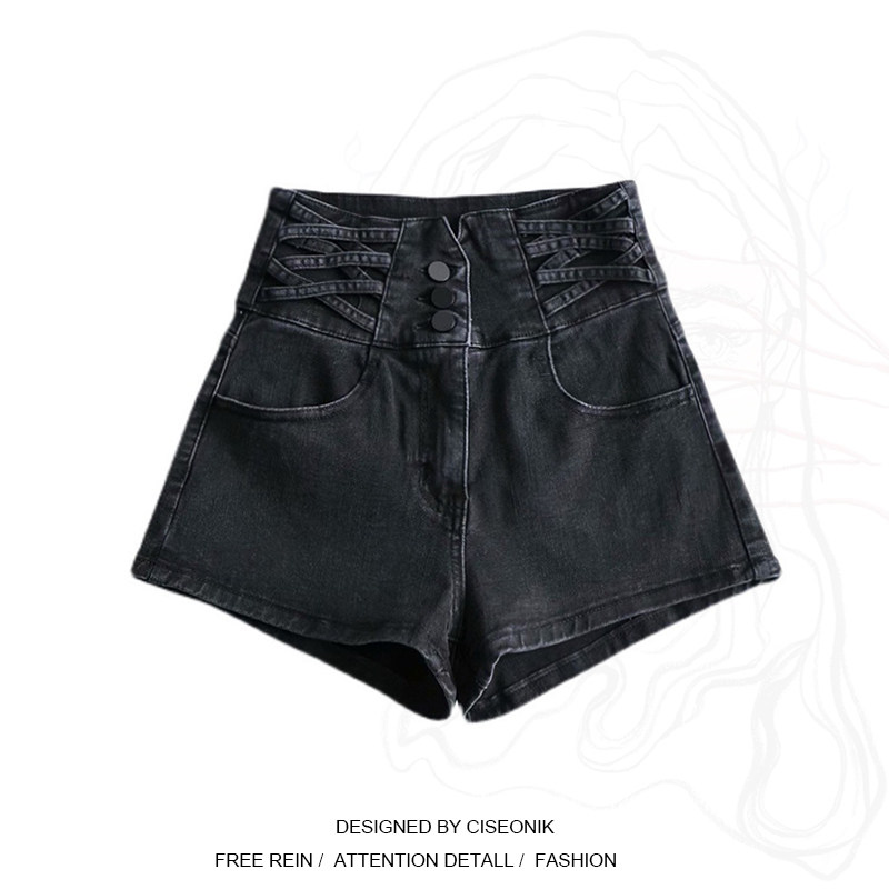 Large size female dress Fat sister 2021 Summer Korean version Slim Tall Waist Cross Design Sensation Broadlegged Denim Shorts Female Tide