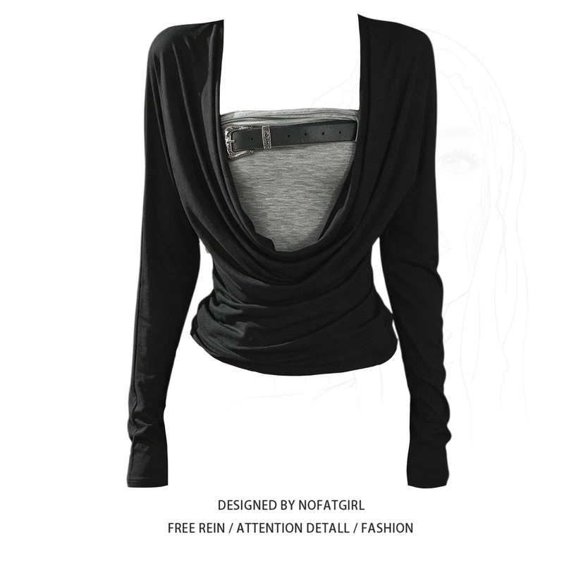 Plus-Size Hot Girl Style Fake Two-Piece Long-Sleeve T-Shirt for Women, Black Slim-Fit, Flattering for Petite Figures, Korean Style Top