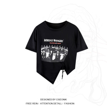 Big code woman with fat sister American retro irregular pumping rope printed short sleeve T-shirt female summer short Shot girl blouse