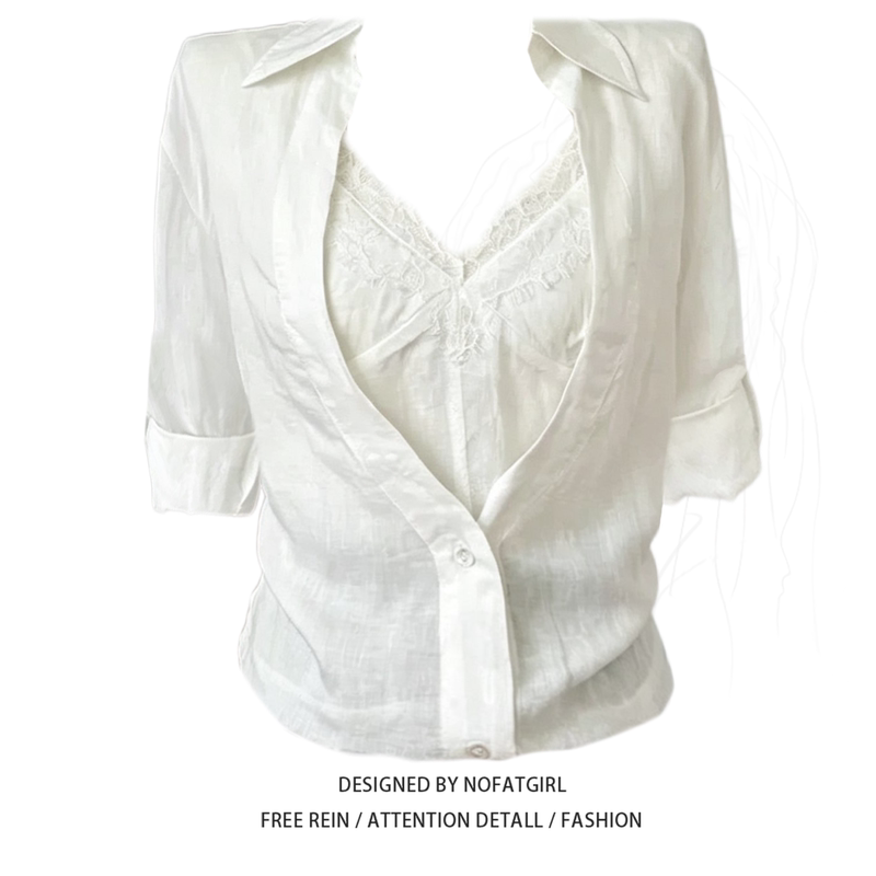 Plus-Size Girl's Pure and Sexy Style Fake Two-Piece Lace Mid-Sleeve Sun Protection Shirt for Women, Unique and Beautiful Top for Summer 2026 Plus-Size Girl's Pure and Sexy Style Fake Two-Piece Lace Mid-Sleeve Sun Protection Shirt for Women, Unique and Beautiful Top for Summer 2026