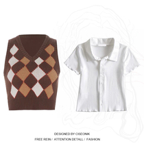 Large size womens fat sister American retro academic style Linger vest lapel short T-shirt pleated skirt set