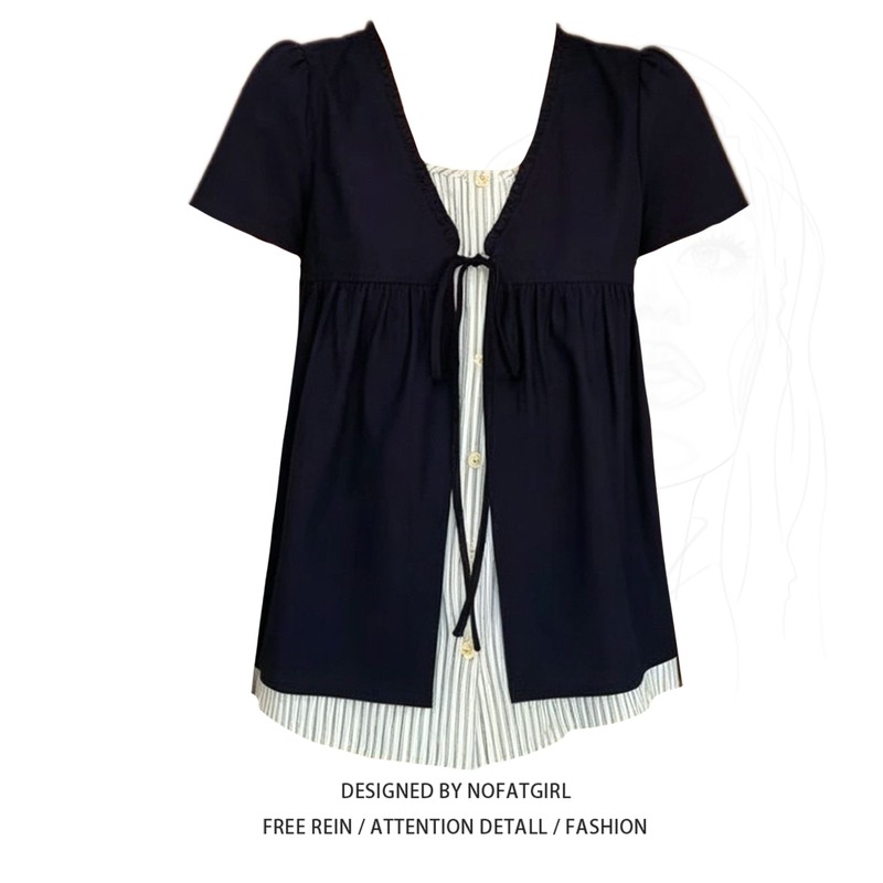 Plus-Size Korean-Style Casual V-Neck Ruffled Fake Two-Piece Tie-Up Shirt for Women, Summer Short-Sleeve Designer Top Plus-Size Korean-Style Casual V-Neck Ruffled Fake Two-Piece Tie-Up Shirt for Women, Summer Short-Sleeve Designer Top