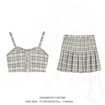 Big Code Women Dress Fat Sister Sweet spicy Wind Two sets of summer harness Vest Lotus Leaf Side Plaid Half Body Dress Spicy Girl Suit