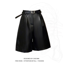 Plus size fat sister black pu leather casual shorts womens autumn new retro Hong Kong flavor straight tube slim high waist pants