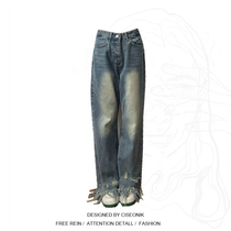 Large size fat mm design sense high street American style ripped edge straight wide leg jeans womens high waist retro thin fried street tide