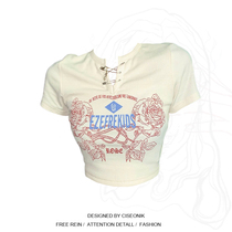 Plus size fat sister sweet and spicy girly retro printed short-sleeved t-shirt female design feeling thin and high waist cropped top