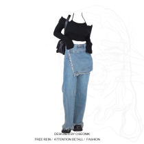 Plus size fat sister pure desire style strap halter top design stitching jeans wide leg pants suit ins tide