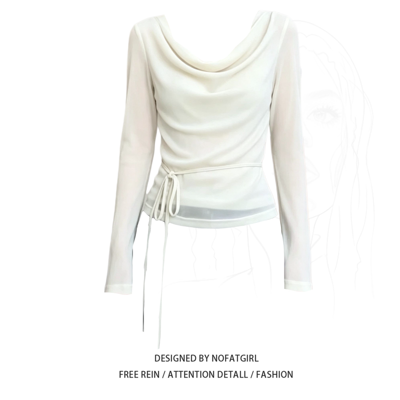 Plus-Size Korean-Style Pure Desire Style Long-Sleeve T-Shirt for Women with a Flared Collar and Waist Tie, Super Stylish Top for Early Autumn 2026 Plus-Size Korean-Style Pure Desire Style Long-Sleeve T-Shirt for Women with a Flared Collar and Waist Tie, Super Stylish Top for Early Autumn 2026
