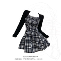 Big Code Women Dress Fat Sister Faked two-piece Stitch Splicing A Character One-piece Dress Woman Autumn Closeout Waist Square Collar Collarbone Dress