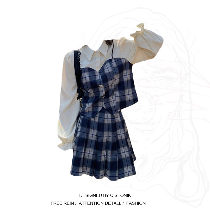 Large size and fat sister Ghost Horses Ensemble Teenage ~ new retro plaid fake two shirts plaid plexigo dress Two sets