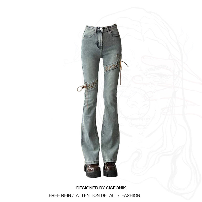 The large - yard fat mm retro design with high waist tied jeans girl 2022 new slim micro horn long pants tide