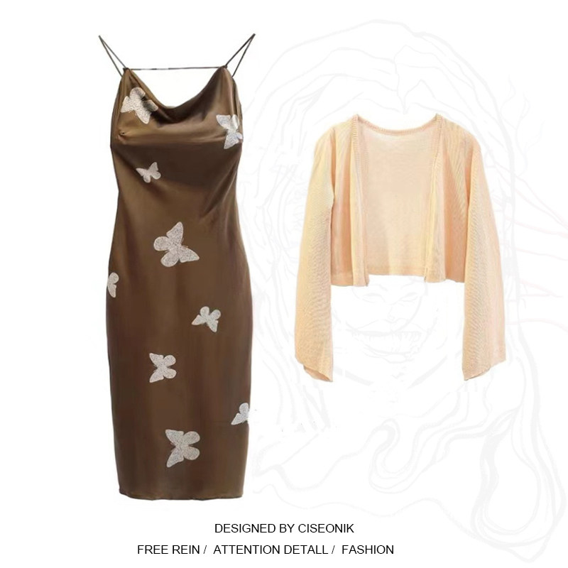 Large size women's fat sister French retro butterfly print suspender skirt split long skirt sunscreen cardigan set