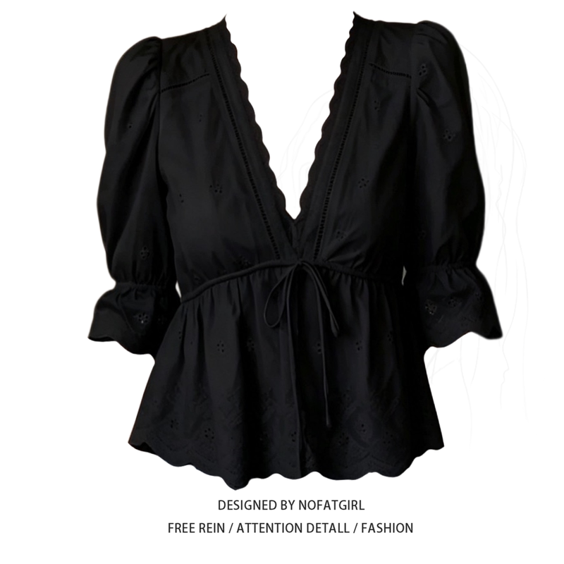 Plus-Size French-Style Versatile Black V-Neck Puff Sleeve Shirt for Women with a Design That Cinches the Waist and Features Tie-Up Three-Quarter Sleeves Plus-Size French-Style Versatile Black V-Neck Puff Sleeve Shirt for Women with a Design That Cinches the Waist and Features Tie-Up Three-Quarter Sleeves