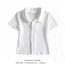 Large size womens fat sister Europe and America retro simple polo collar short sleeve t-shirt womens lapel lace cardigan top women
