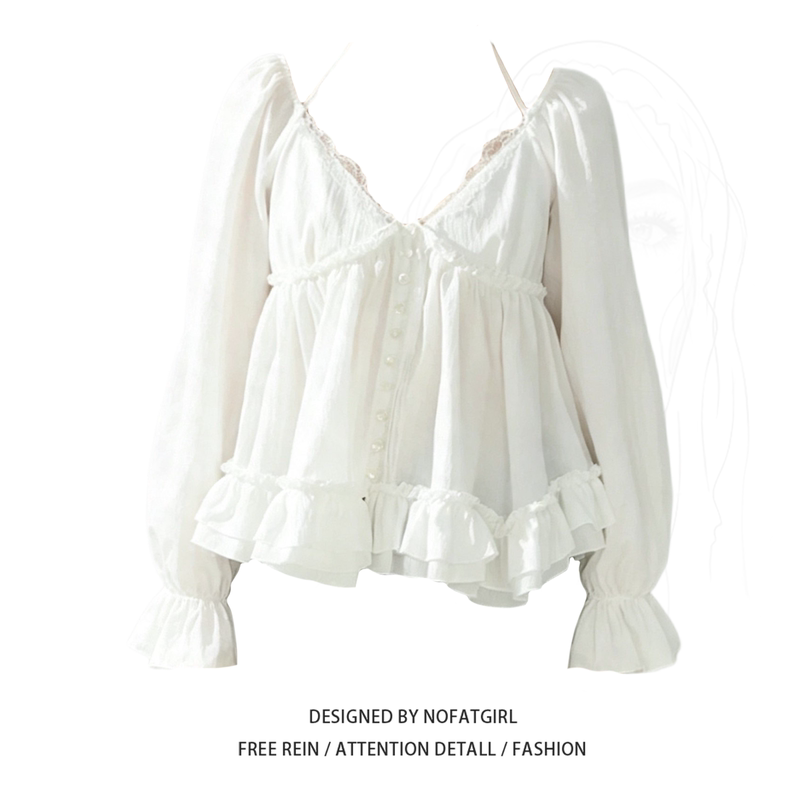 Plus-Size French Lace Halter Neck Faux Two-Piece Ruffled Long-Sleeve Shirt for Women, Early Autumn 2026, Stunning Top Plus-Size French Lace Halter Neck Faux Two-Piece Ruffled Long-Sleeve Shirt for Women, Early Autumn 2026, Stunning Top