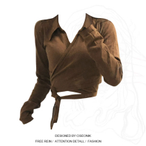 Large size fat mm American retro V-neck strap knitted top womens spring new slim slim long-sleeved bottoming shirt