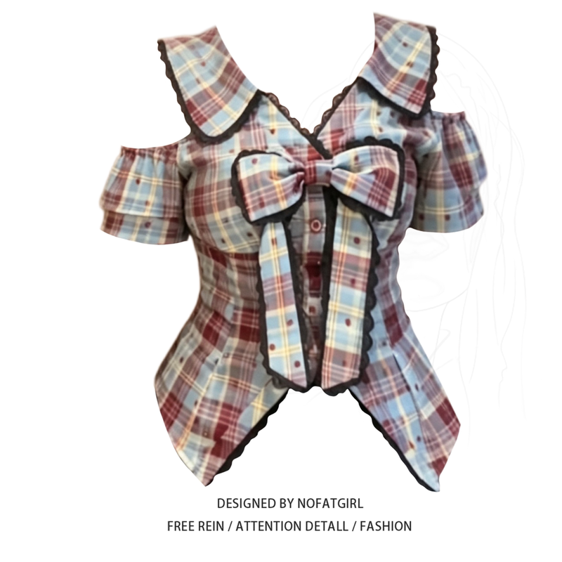 Plus-Size Sweet Girl Retro Pattern Bow Off-Shoulder Short-Sleeve Shirt for Women 2026 Summer Super Pretty Top