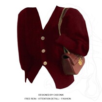 Large size fat sister high-quality wine red v-neck sweater coat female autumn and winter French retro niche knitted top
