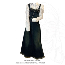 Micro fat custom design sense hot girl raw edge denim suspender skirt female large size retro puff sleeve long-sleeved shirt suit