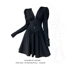 Large size fat sister French court low-cut V-neck tunic dress female slim temperament all-match pleated little black dress